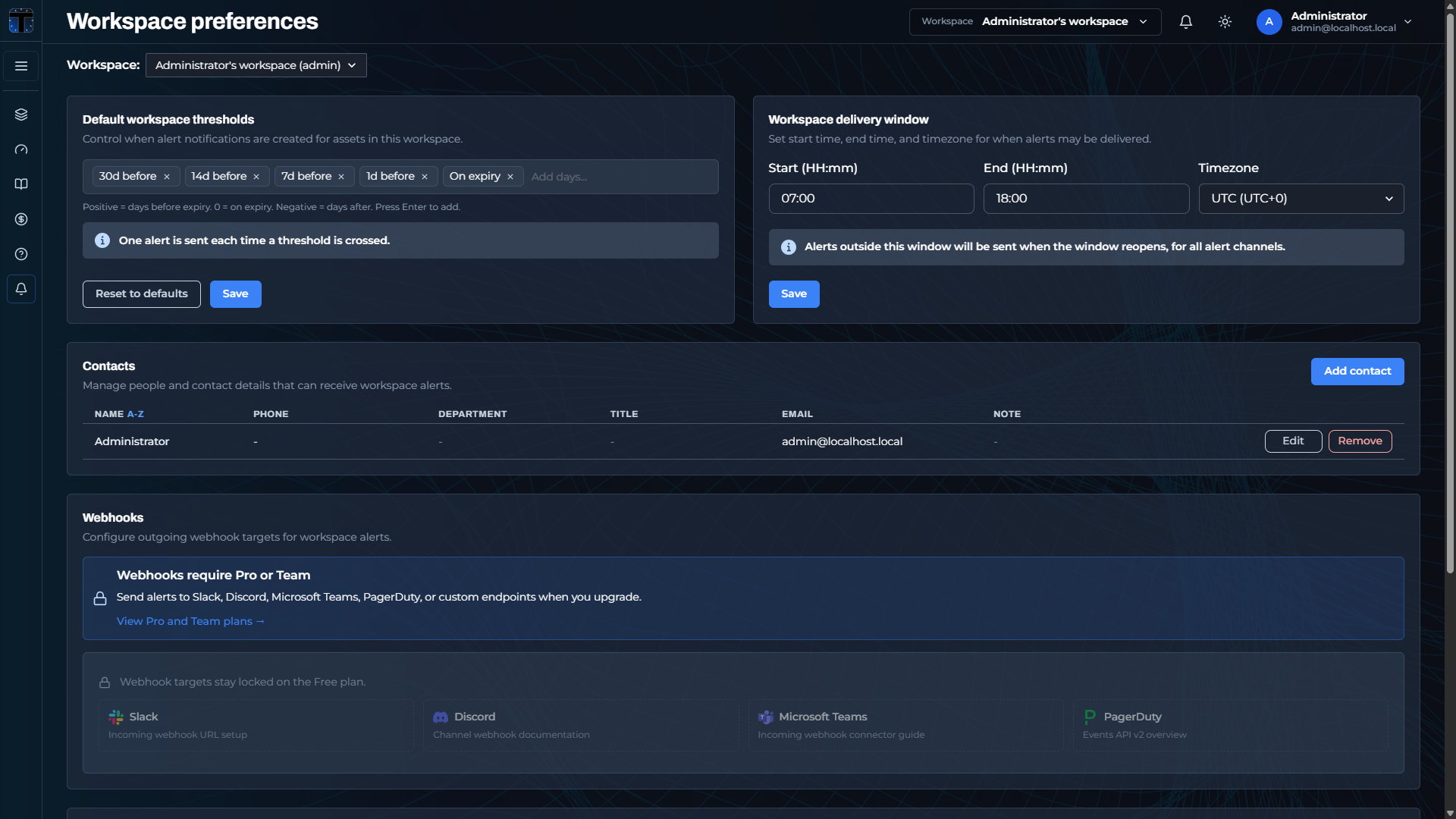 Workspace preferences page with default thresholds, delivery window, contacts, and webhook channels