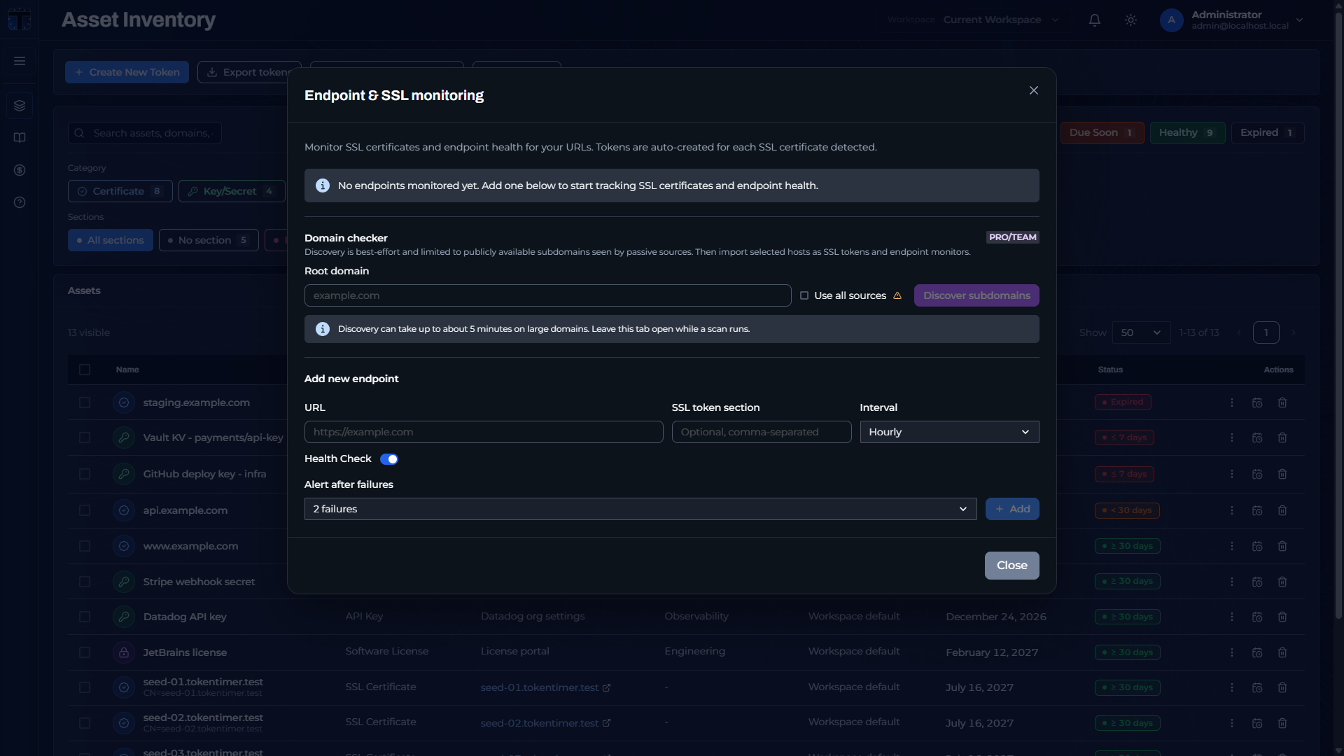 Endpoint and SSL monitoring modal with domain checker and add-endpoint form