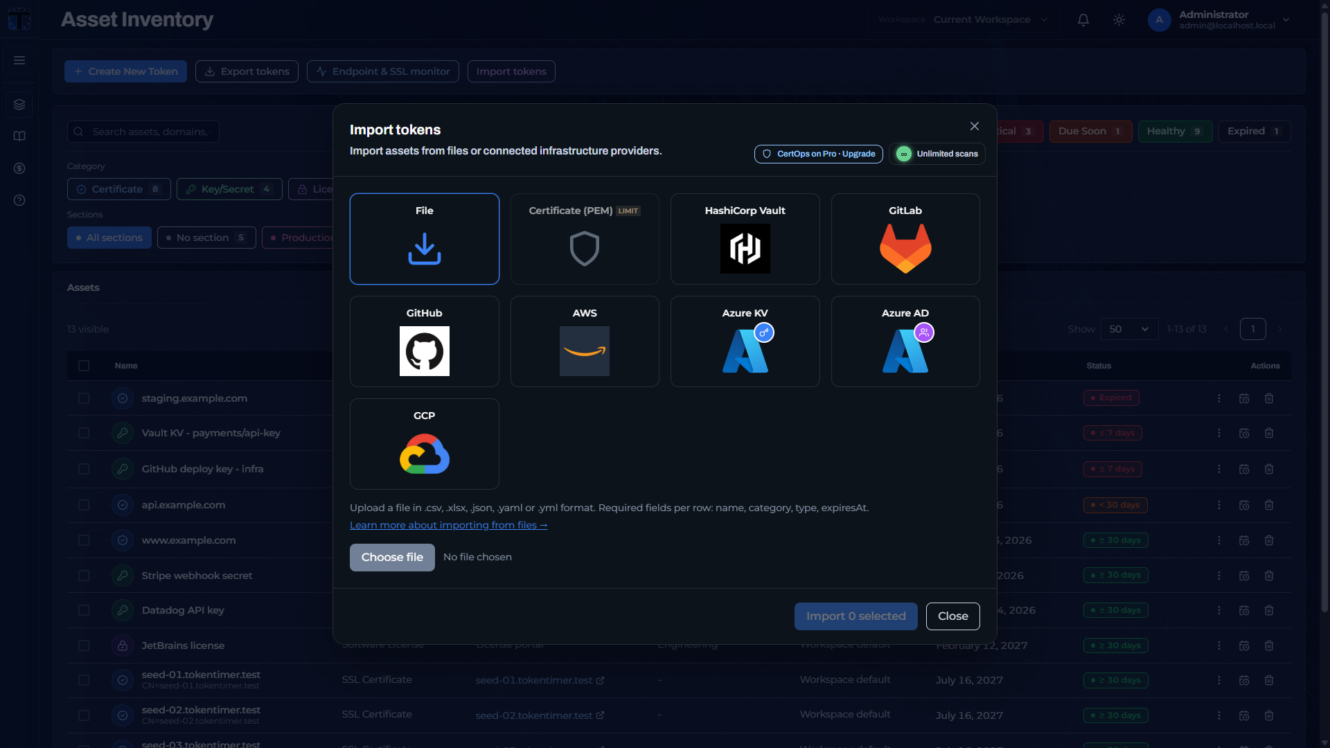 Import tokens modal showing the file card and integration providers