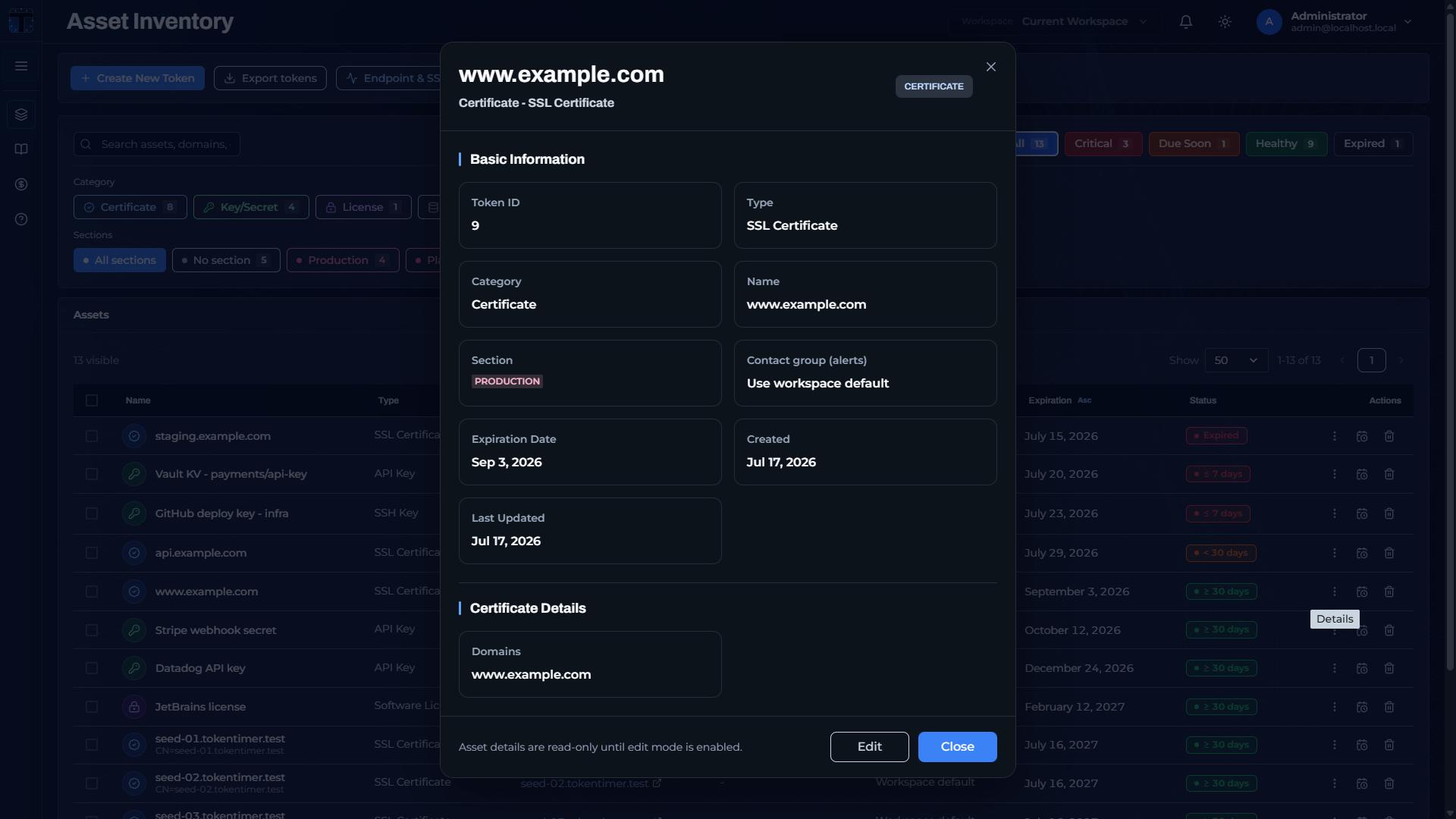 Token detail view for an SSL certificate showing basic information and certificate details